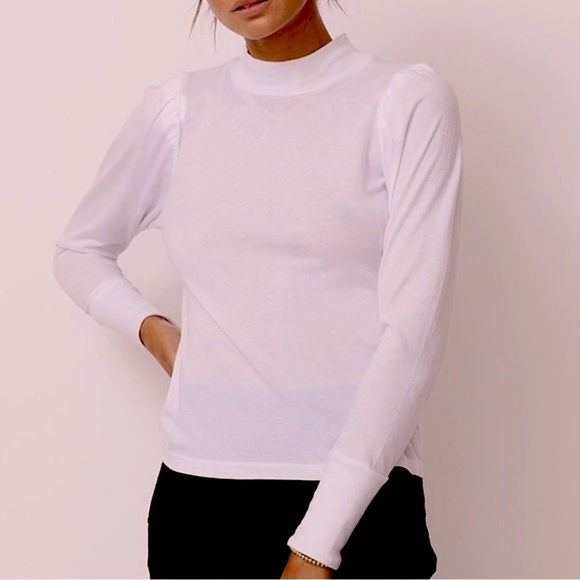 NWT Monrow Mock Neck Shirred long sleeve Tee Shirt Very Pale Gray Sz S - Picture 1 of 10